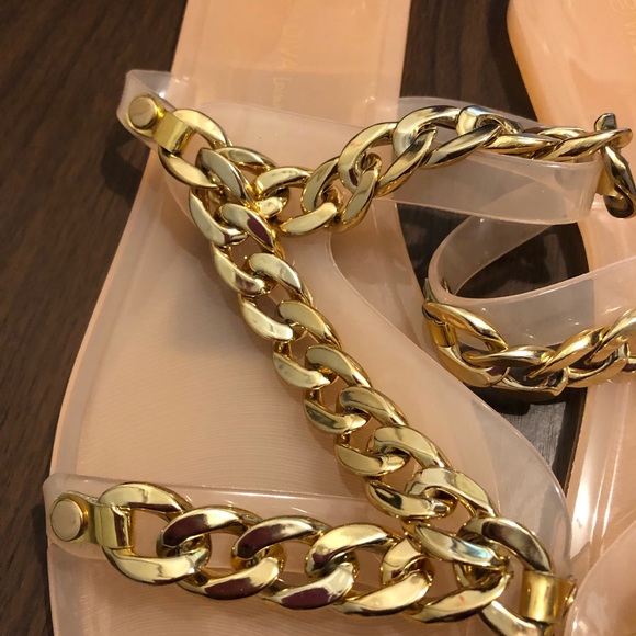 New Wild Diva Lounge Peach Plastic Jelly Flat sandals Size 10 Gold chain Braided - Picture 7 of 16